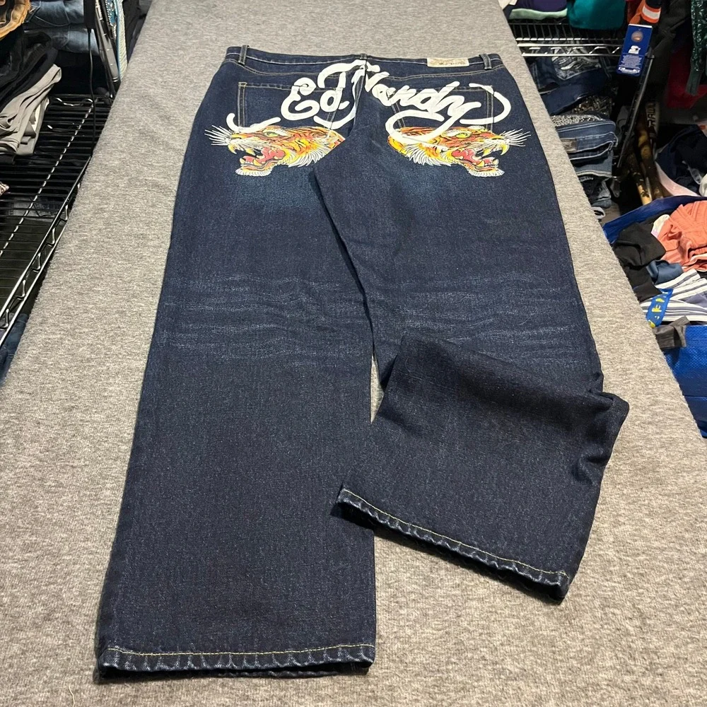 Ed Hardy Mens Tiger Graphic Jeans 38x32 Dark Wash Christian Audigier MEHD8302-1